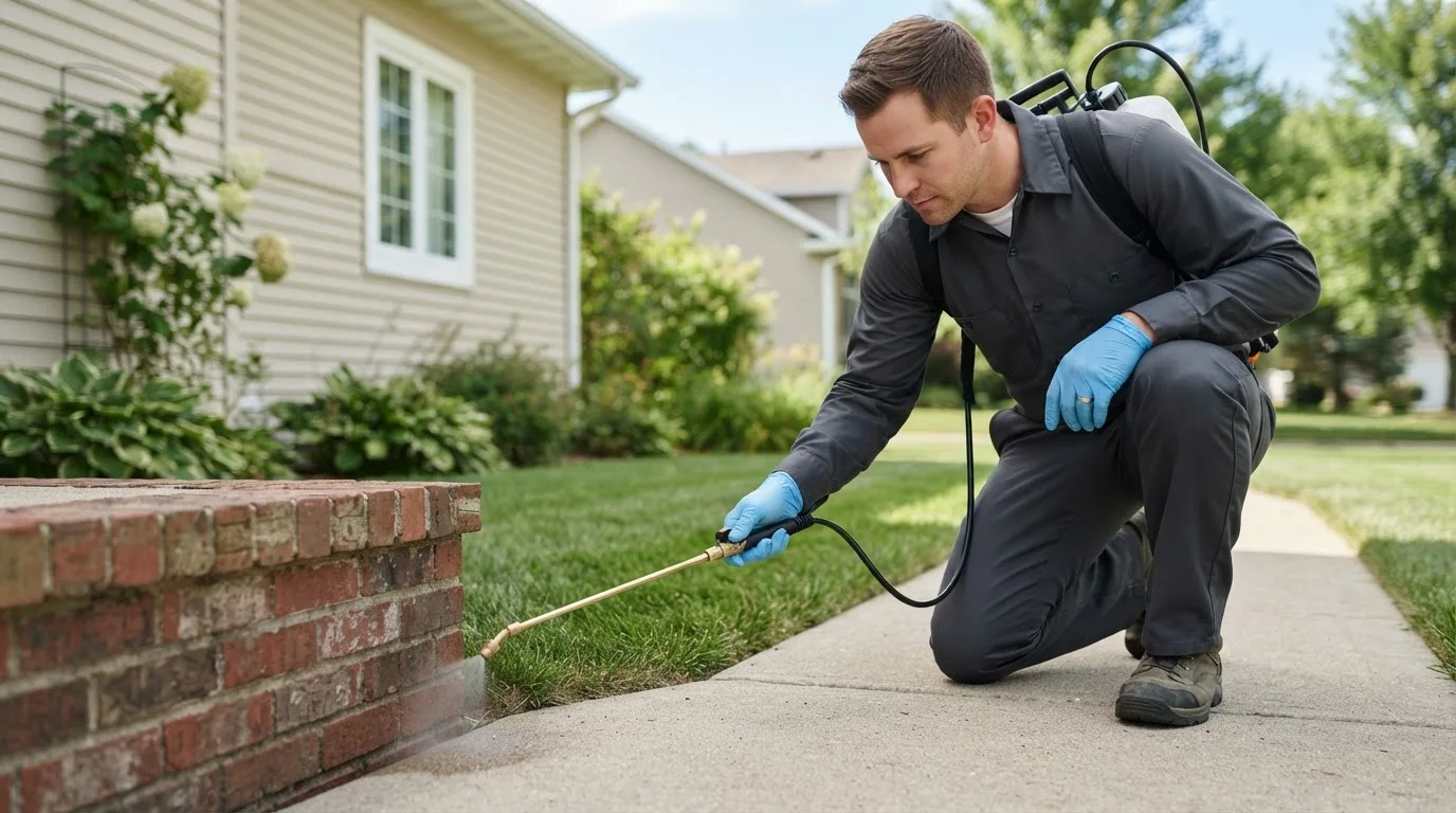 Pest control technician treating a home near Beach City, OH