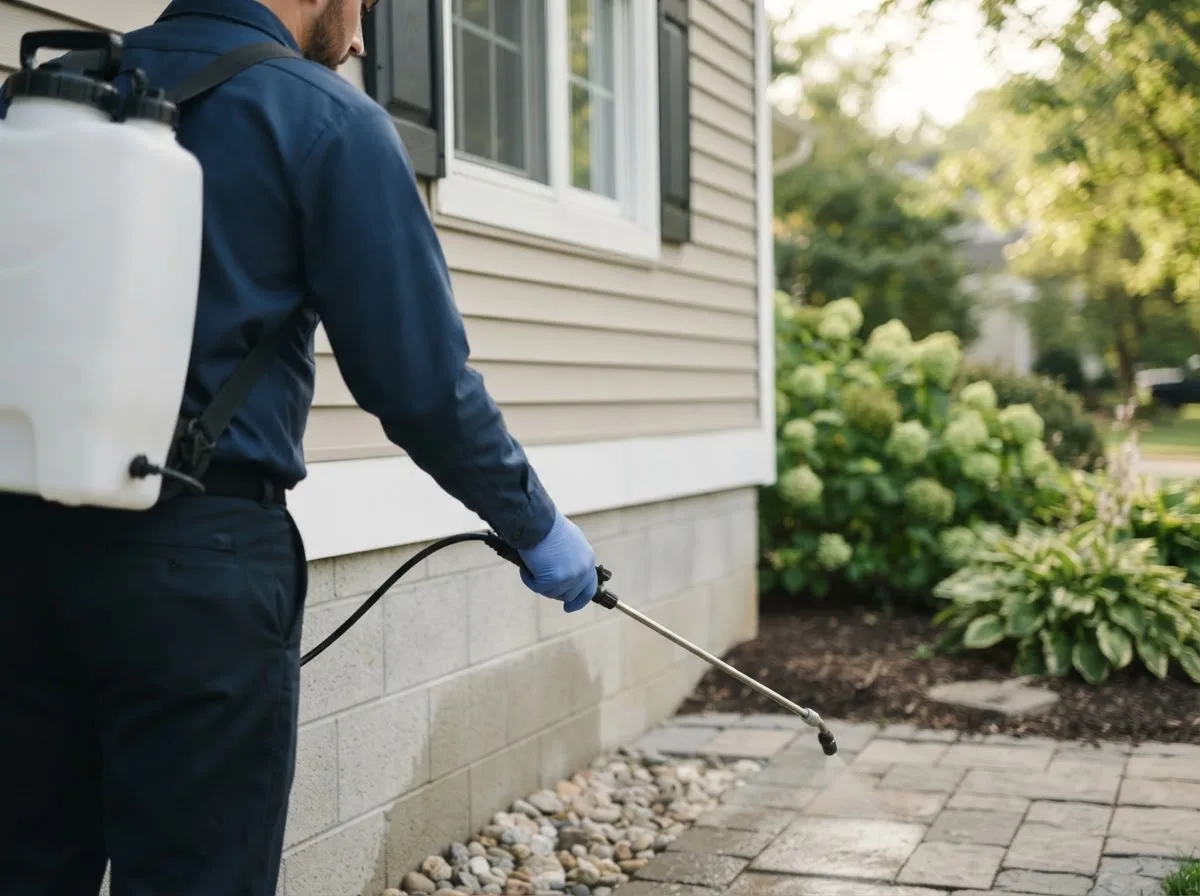 Pest control technician inspecting a home in Beach City, OH